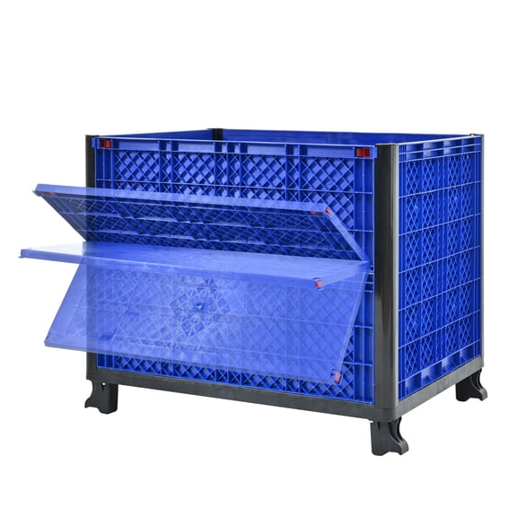 Collapsible Bulk Container With Doors Solid Wall 600 Lb Capacity Stacks Up To 4 High For 2000 Lb Total Blue