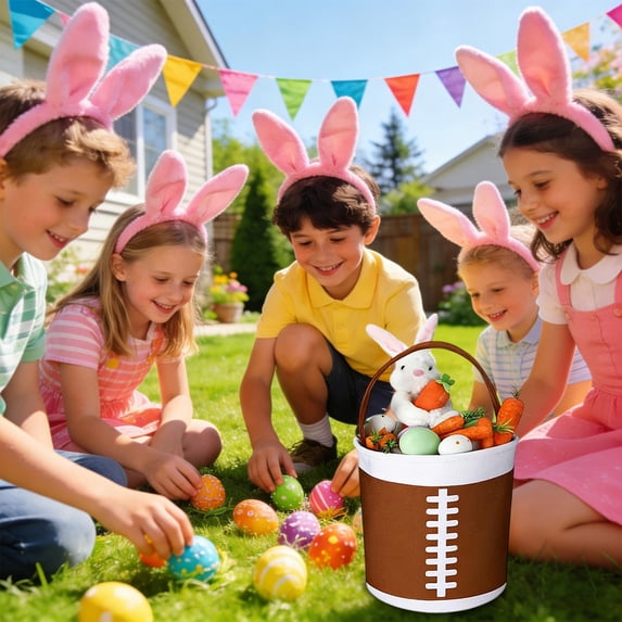 Collapsible Bunny Easter Basket, Large Fabric Easter Tote for Egg Hunts, Ki-ds Candy Snack Storage, Holiday Party Decor & Gift (Brown)