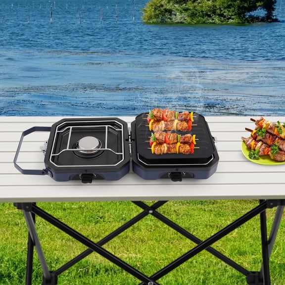 Collapsible Camp Grill with Grill Pan, Integrated Heat Dissipation Holes & Detachable Design, Easy-Clean Surface for RV/Backpacking Use