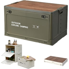 Collapsible Camping Storage Box with Wooden Lid, 30L/50L/60L Camping Storage Bins & Outdoor Storage Bin, Stackable Collapsible Crate with Wooden Lid & Handles for Camp, Car, Home (Green, 50L)