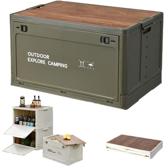 Collapsible Camping Storage Box with Wooden Lid, 30L/50L/60L Camping Storage Bins & Outdoor Storage Bin, Stackable Collapsible Crate with Wooden Lid & Handles for Camp, Car, Home (Green, 30L)