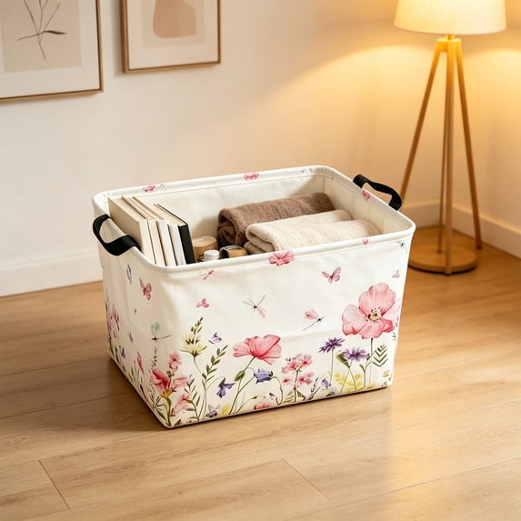 Collapsible Canvas Storage Baskets, Floral Star Printed Foldable Fabric Organizer Bin with Handles for Closet Toy Clothes Storage