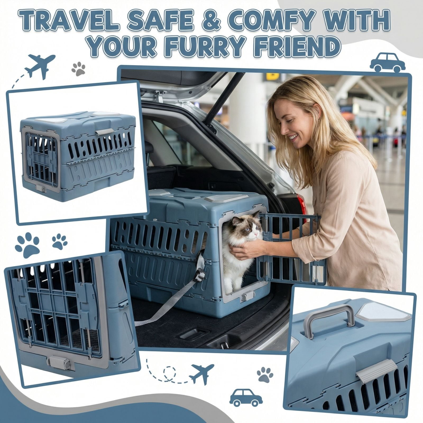Collapsible Cat and Dog Cage - Durable Hard-Sided Carrier with Easy Unfolding, Space-Saving Design, and Comfortable Interior for Medium and Small Pets