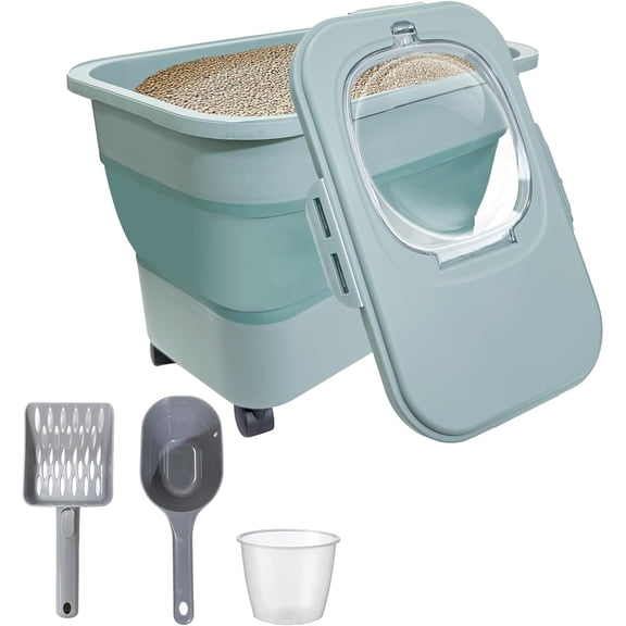 Collapsible Cat Litter Storage Container with Rolling Casters Airtight Lid BPA Free Green