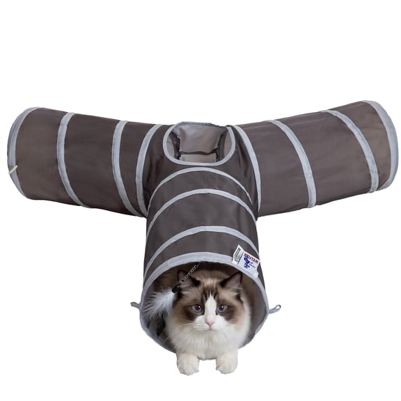 Welfibr Collapsible Cat Tunnel for Cats, Crinkle Fabric Play Tube with Hanging Toy, Brown