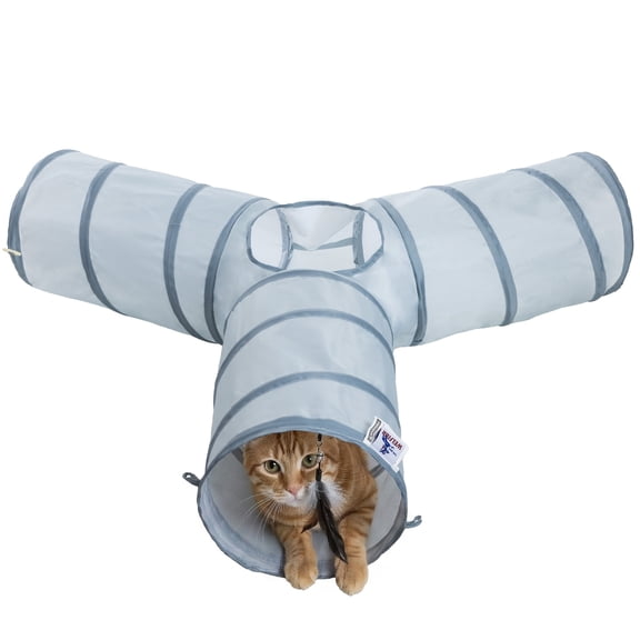 Collapsible Cat Tunnel, Gray, Interactive Play Tube with Hanging Toy, Durable Crinkle Fabric, Foldable Pet Tunnel for Cats, Kittens & Small Pets