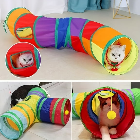 Collapsible Cat Tunnel with Multiple Entry Points, Interactive Ball, and Peeking Holes in Vibrant Rainbow Colors - Foldable and Connectable Design for Custom Play