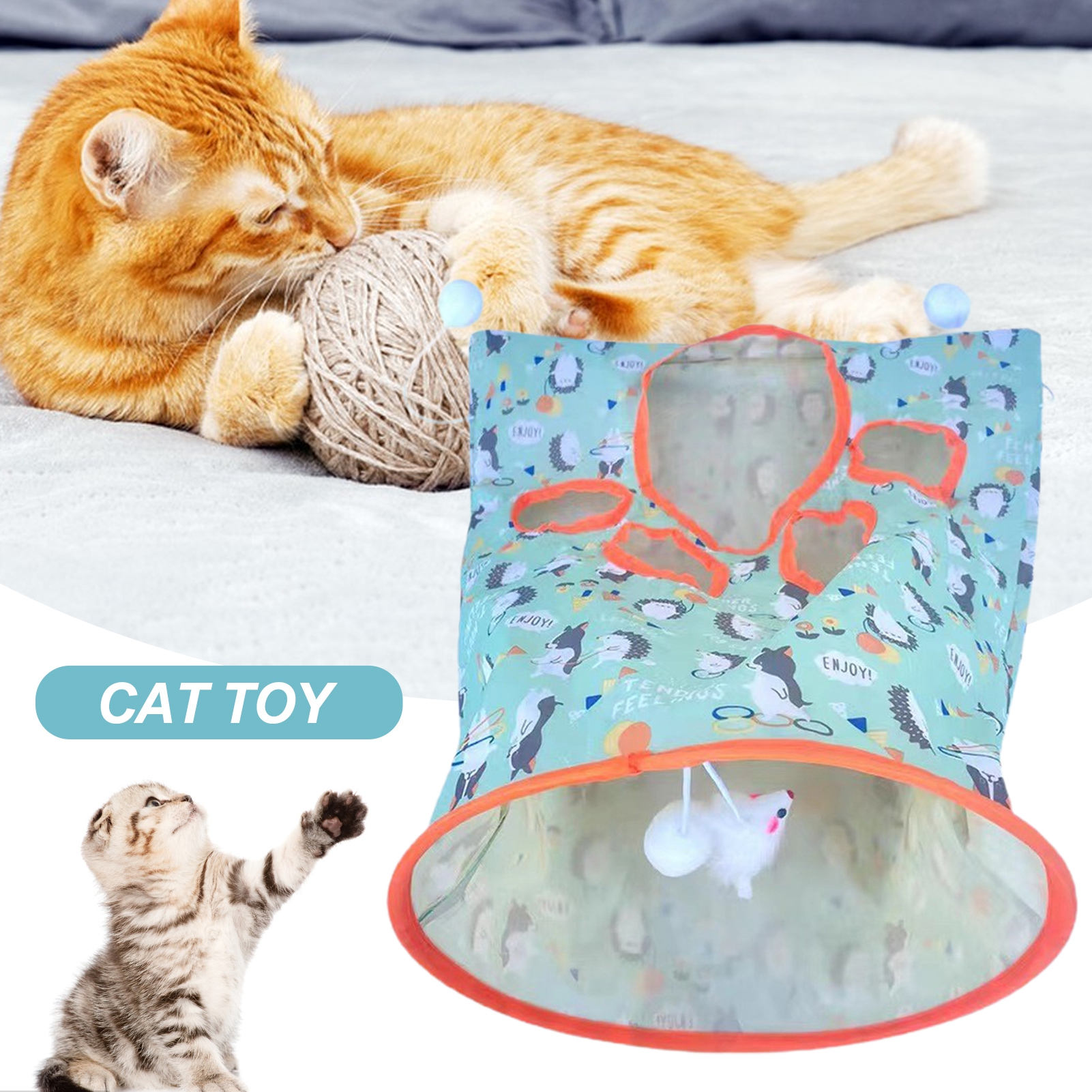 Collapsible Cat Tunnel Toy with Plush Ball and Crinkle Paper Bag