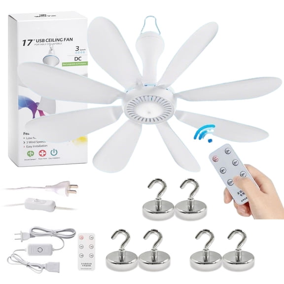 Collapsible Ceiling Fan with 6 Magnetic Hooks, 2026 New Portable USB Powered Silent Mini Ceiling Fan with Remote, Timer function, 3 Speed Easy Installation for Cruise, RV Camper