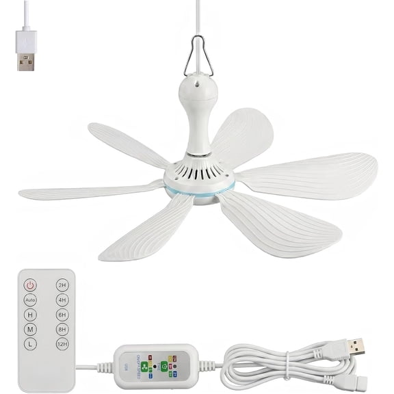 Collapsible Ceiling Fan for Cruise, 6 Blades Quiet USB Powered Hanging Fan with Magnetic Mount Remote Control 4 Speed Timing, Portable Mini Fan for Cruise Ship RV Tent Gazebo Dorm Bed Home (Set A)