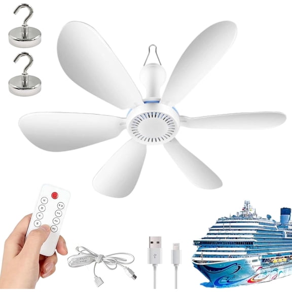 Collapsible Ceiling Fan for Cruise, Portable USB Rechargeable Ceiling Fan with Remote Control, Magnetic Hook Hanging Design, 6-Blade Quiet Mini Fan for Travel, Camping, Cabin (USB 2M)