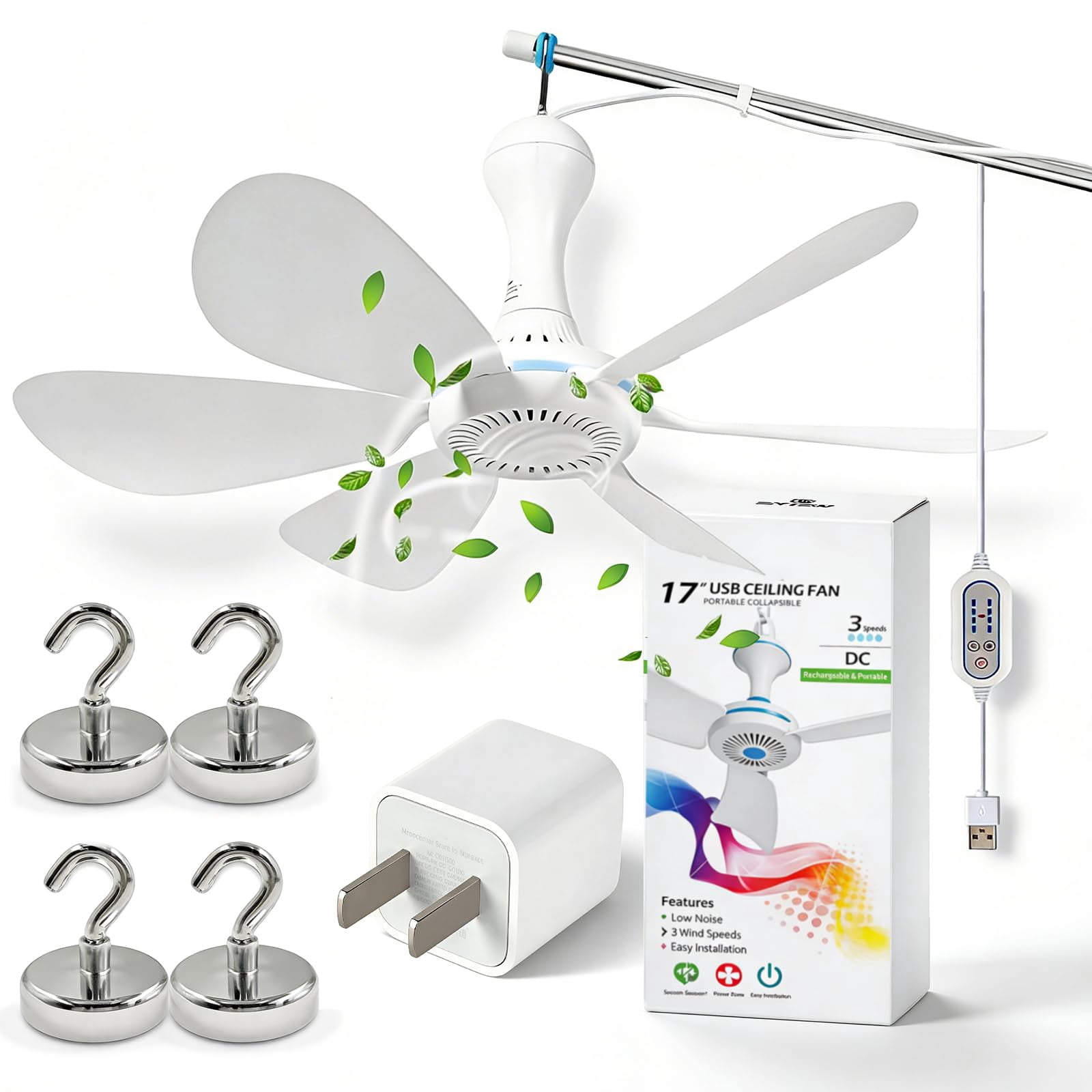 Collapsible Ceiling Fan for Cruise Ship, Cruise Ceiling Fan Usb, Magnetic Ceiling Fan for Cruise - Portable 4-Speed USB Tent Fan with 6 Blades for Travel, RV, and Cabin