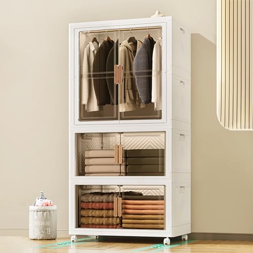 Collapsible Clothes Cabinet Large Portable Closet Plastic Folding Dresser with Hanging Rod Wardrobe with Double Doors(White, 2+1)
