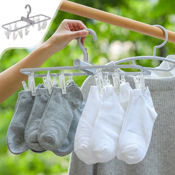 Collapsible Clothes Drying Rack with 12 Clips, 360° Rotating Hook for Indoor Outdoor Use, Space Saving Foldable Laundry Hanger for Socks, Underwear, Scarves, Gray