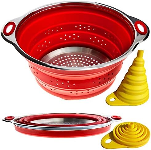 Collapsible Colander & Funnel, Stainless Steel & Red Silicone, for RV ...