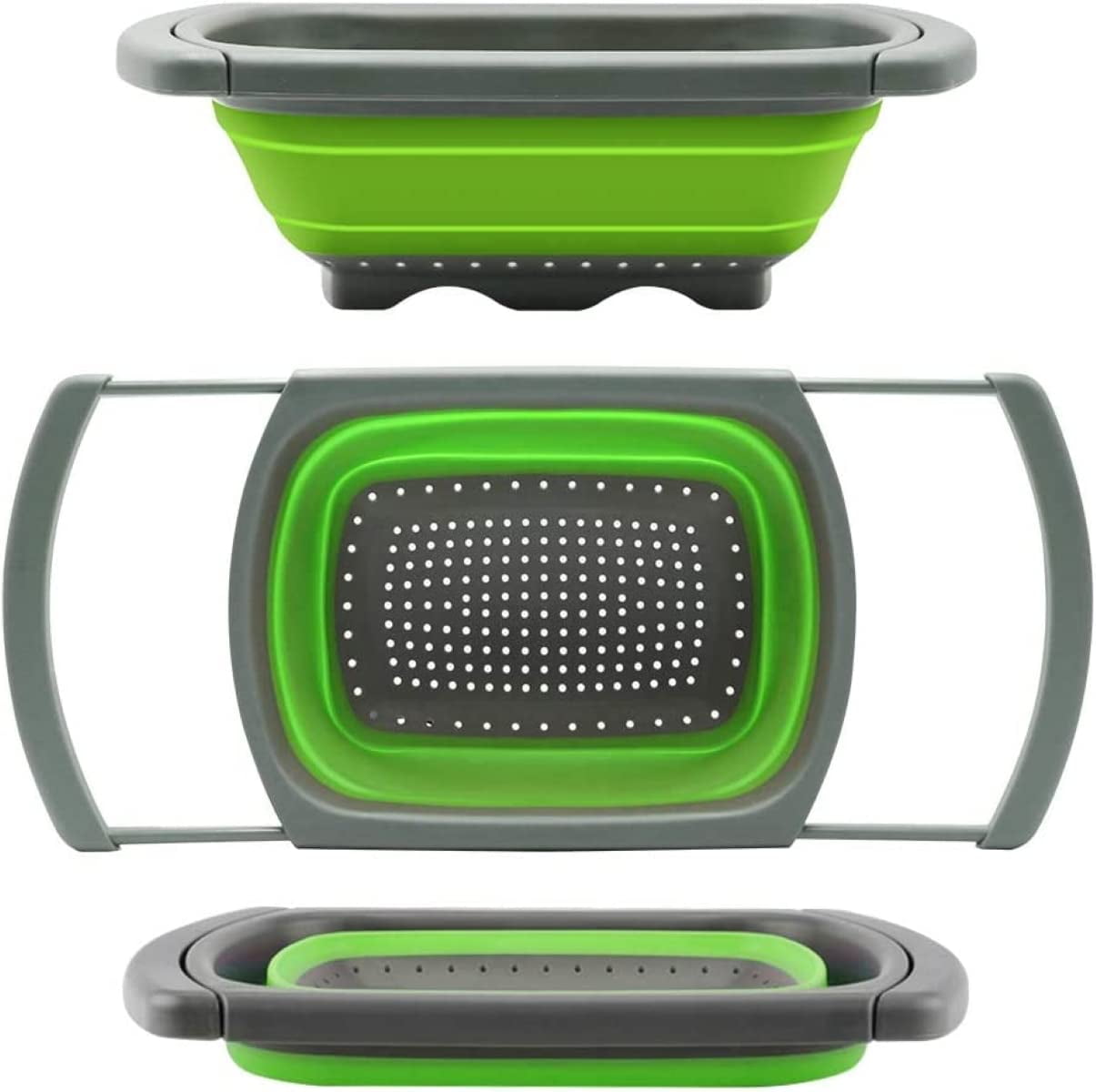 Collapsible Colander, Green Food Strainer Over the Sink Colanders Strainers with Extendable Handles, 6-Quart, Dishwasher-Safe Kitchen Folding Strainer for Pasta, Vegetables and Fruits by Polerce