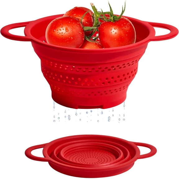 Collapsible Colander for Kitchen - Space-Saving Strainer & Steamer - , Heat-Resistant, Dishwasher Safe Kitchen Strainer with Stainless Steel Rim - Durable Collapsible Colander - Red