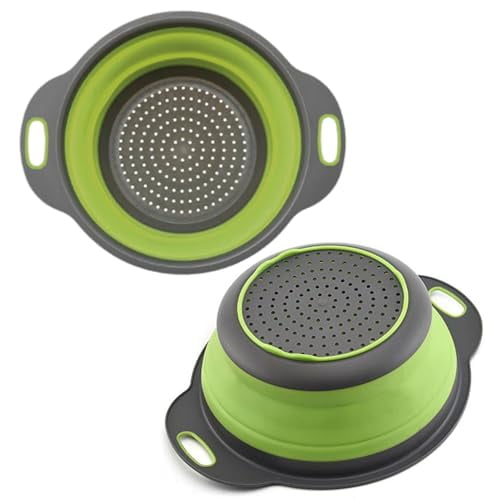 Collapsible Colander with Plastic Handles Round Silicone Kitchen Strainers Foldable Kitchen Strainer Perfect for Draining Pasta Vegetable and Fruit Green
