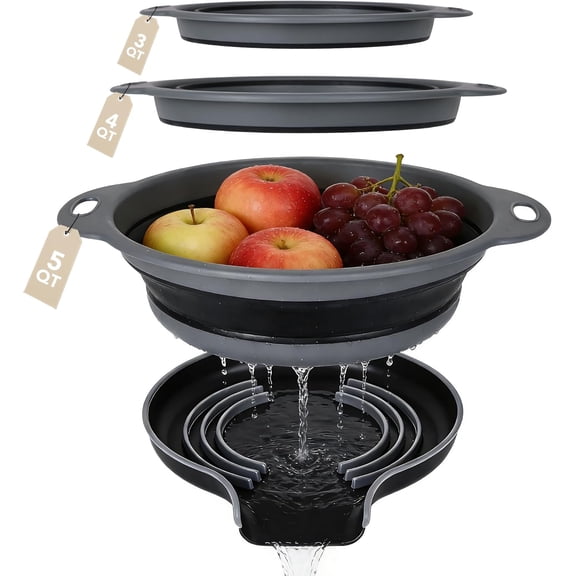 Collapsible Colander Set of 3 with Kitchen Counter Self-draining Base, Round Silicone Food Foldable Strainer for Cooking Pasta, Vegetables and Fruit (3QT, 4QT and 5QT), Black