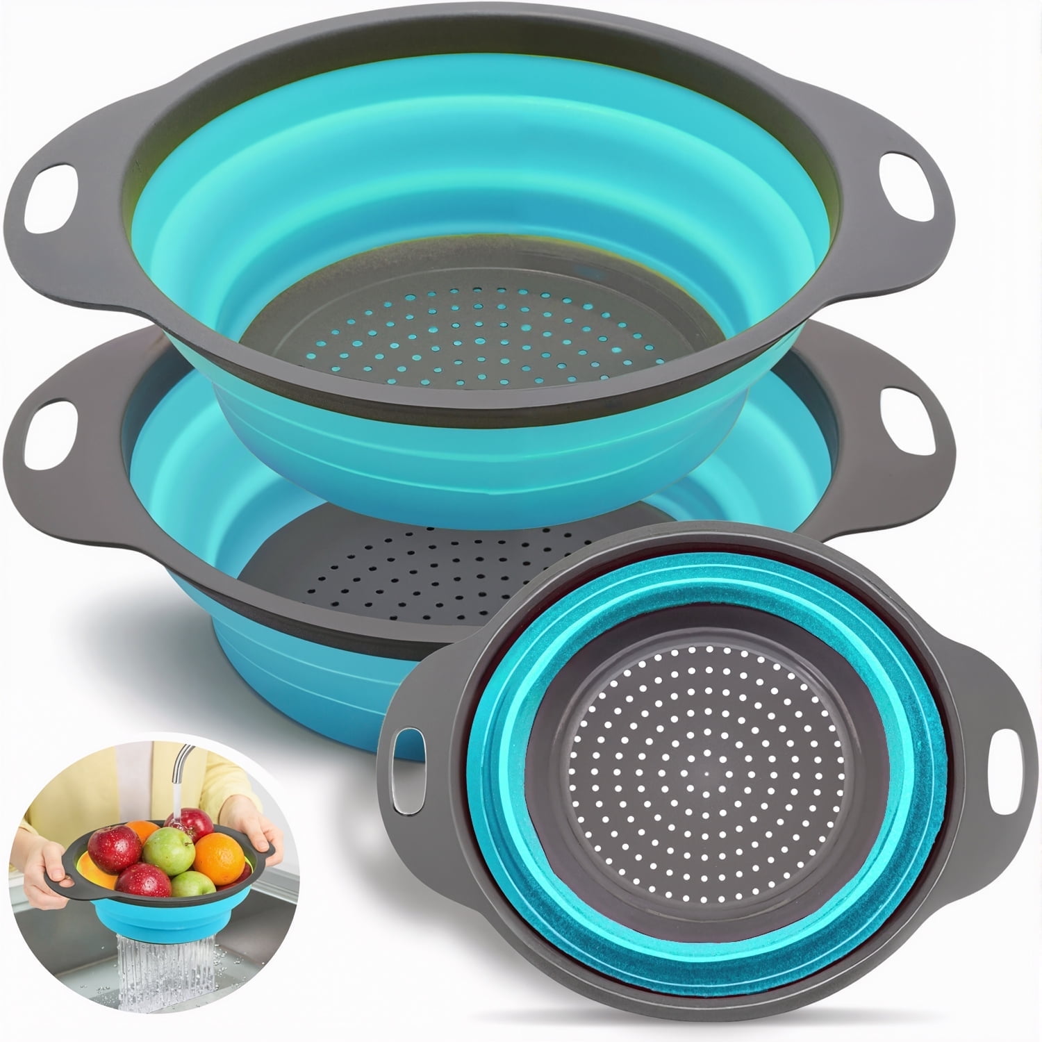 Collapsible Colander Set of 3 Round Silicone Kitchen Strainer Set - 2 pcs 4 Quart and 1 pcs 2 Quart- Perfect for Draining Pasta, Vegetable and fruit (blue)