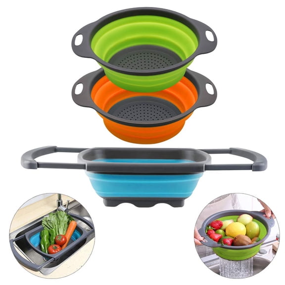 Collapsible Colander Set of 3 Round Silicone Kitchen Strainer Set - 2 pcs 4 Quart and 1 pcs 2 Quart- Perfect for Draining Pasta, Vegetable and fruit (green,blue, purple)