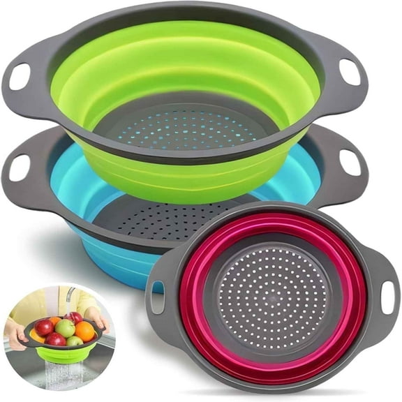 Collapsible Colander Set of 3 Round Silicone Kitchen Strainer Set - 2 pcs 4 Quart and 1 pcs 2 Quart- Perfect for Draining Pasta, Vegetable and fruit (green,blue, purple)