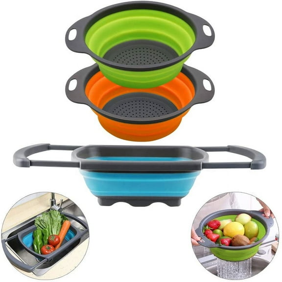 Collapsible Colander Set of 3 Round Silicone Kitchen Strainer Set - 2 pcs 4 Quart and 1 pcs 2 Quart- Perfect for Draining Pasta, Vegetable and fruit (green,blue, purple)