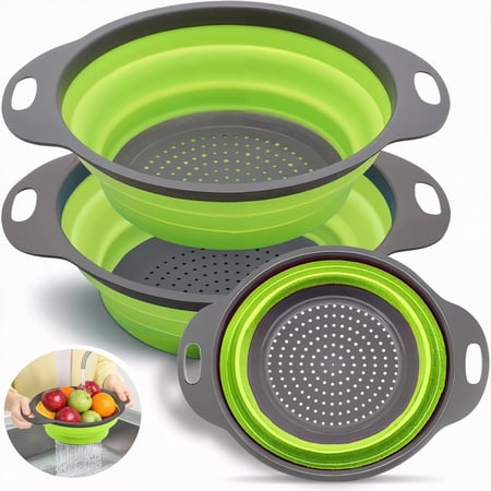 Collapsible Colander Set of 3 Round Silicone Kitchen Strainer Set - 2 pcs 4 Quart and 1 pcs 2 Quart- Perfect for Draining Pasta, Vegetable and fruit (green)