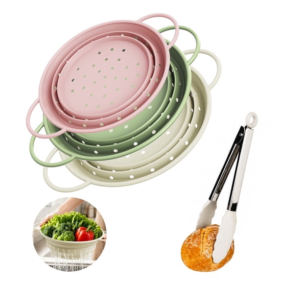 DYONDER 3 Pack Collapsible Silicone Colander Strainer Set with Tongs, Space Saving Design, Bpa-free Heat Resistant & Dishwasher Safe, Stainless Steel Rim, 1×2QT & 2×4QT, Pink Sage Green Cream