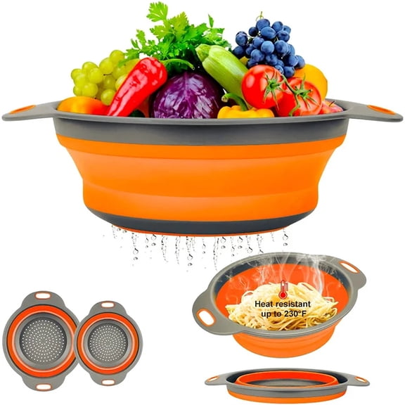 Collapsible Colander Set, Collapsible Strainer, Set of 2-Piece Food-Grade Silicone Kitchen Filter, 1 Large and 1 Small, Perfect for Draining Pasta,