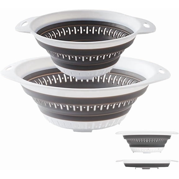 Collapsible Colander Set of 2 Pack Silicone Strainers for Kitchen, White with Gray