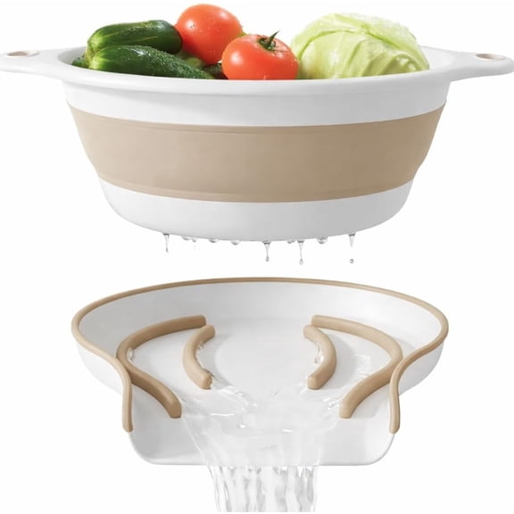 Gevoli 2-in-1 Large Collapsible Colander with Self-draining Base Set - Plastic Side Drain Food strainer for Edge of Kitchen Sink (Beige)