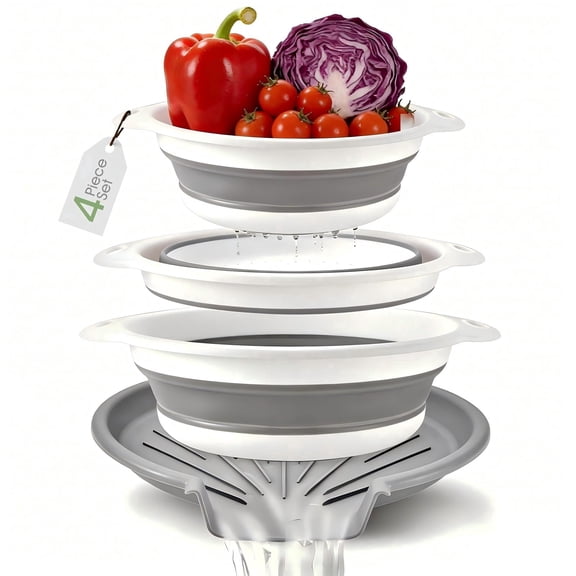 Collapsible Colanders Food Strainers, 3-Pack Foldable Kitchen Strainers with Over-Sink Water Draining Tray, Space Saving Kitchen Drainer for Vegetables, Fruit, Pasta and Rice (White-Gray)