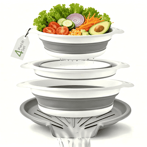 Collapsible Colander Set 4 Pack (3/4/6 QT) with Over-Sink Water Draining Base, Food Strainers And Colanders with Handles for Draining Pasta/Rinsing Vegetables, Fruit and Rice (White-Gray)