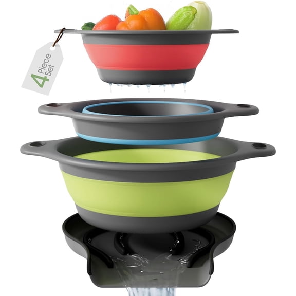 Collapsible Colanders with Self-Draining Base for Edge of Sink, Food Strainers (Small/Med/Large), Nested Design for Easy Storage (Red, Blue, Green) (4PC Set)