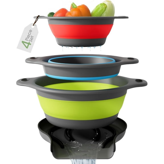 Collapsible Colanders with Self-Draining Base for Edge of Sink, Food Strainers (Small/Med/Large), Nested Design for Easy Storage (Red, Blue, Green) (4PC Set)