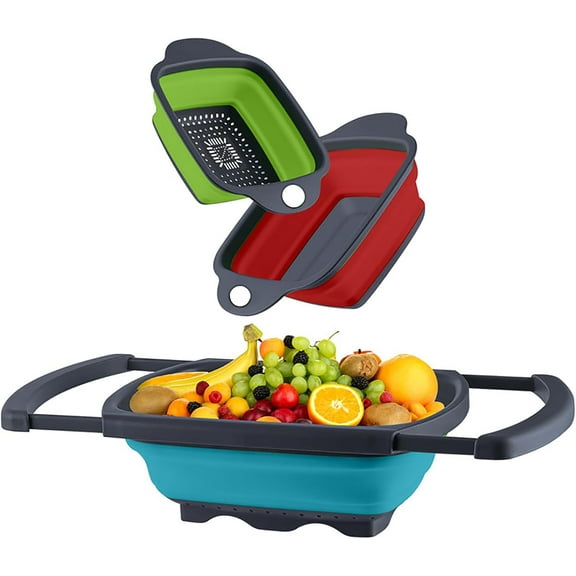 Collapsible Colanders Set of 3, 4 Quart Colander, 4 Quart Folding Basin, and 6 Quart(1.5 gal) Over the Sink Extendable Colander, Space-saving Silicone Kitchen Foldable Food Strainer