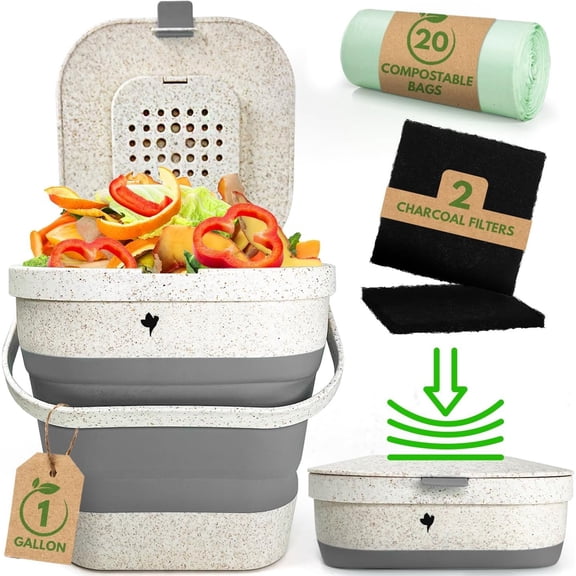 Collapsible Compost Bin Kitchen Counter - 1 Gallon Countertop Compost Bin with Lid Made of Wheat Straw - Odorless Kitchen Compost Bin Countertop with 20 Compost Bags and 2 Carbon Filters