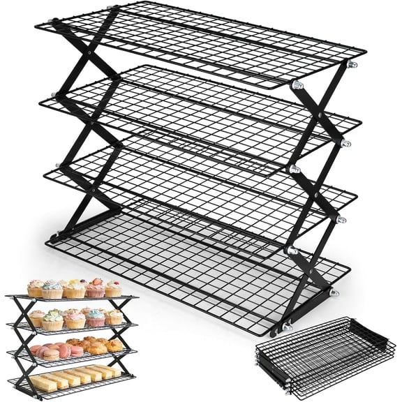 Collapsible Cooling Rack 2/3/4 Tier, Stackable Cooling Racks for Baking, Adjustable Tiered Cooling Racks with 3 Setting Design & 5 Modes for Baking, Cookies, Bread, Cake, Roasting, Grilling, Drying