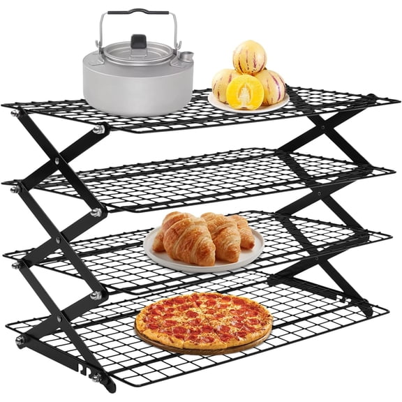 Collapsible Cooling Rack 4 Tier Adjustable Baking Cooling Rack Stackable Non-Stick Wire Rack Cookie Baking Gadgets for Pizza Cake Bread Black