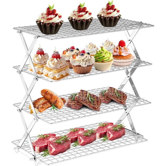 Collapsible Cooling Rack 4 Tier,Adjustable Stainless Steel Baking Rack with Leak-Proof Mesh, X-Shaped Structure Cooling Rack for Cooking and Baking, Dishwasher Safe