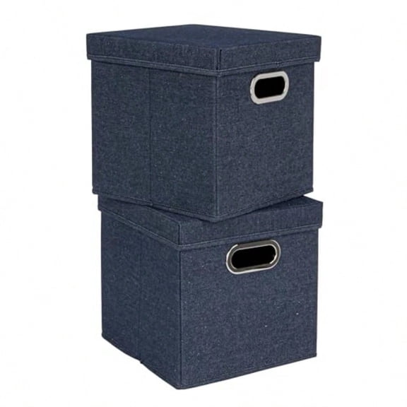 Collapsible Cotton Blend Cube Storage Box with Lid and Metal Grommet Handle Set of 2 Denim