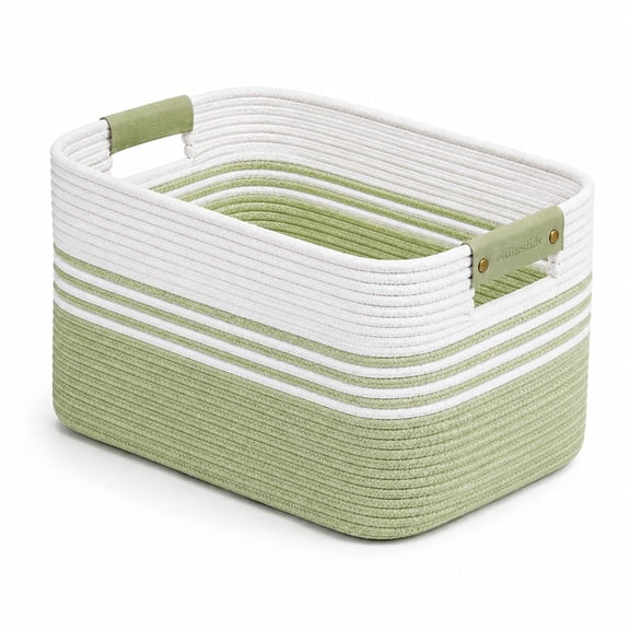 Collapsible Cotton Rope Storage Basket, Extra Large 25.4GAL, White Green, Rectangular Woven Hamper for Bedroom Closet and Living Room