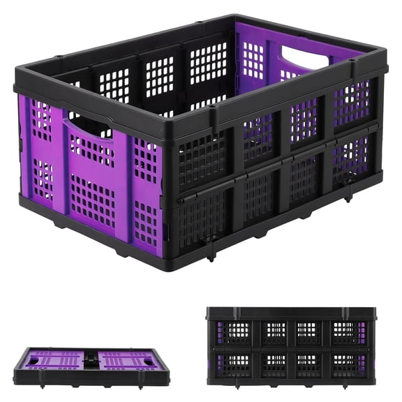 Collapsible Crate – 55L Foldable Plastic Milk Crate with Side Handles, Heavy Duty Stackable Storage Baskets for Food Drinks Books Tools