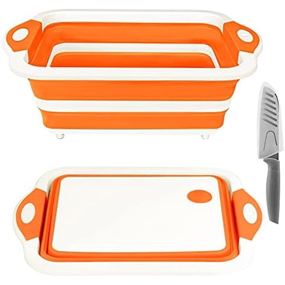 Collapsible Cutting Board, Foldable Chopping Board with Colander, Multifunctional Kitchen Vegetable Washing Basket Silicone Dish Tub for BBQ Prep/Picnic/Camping(Orange)