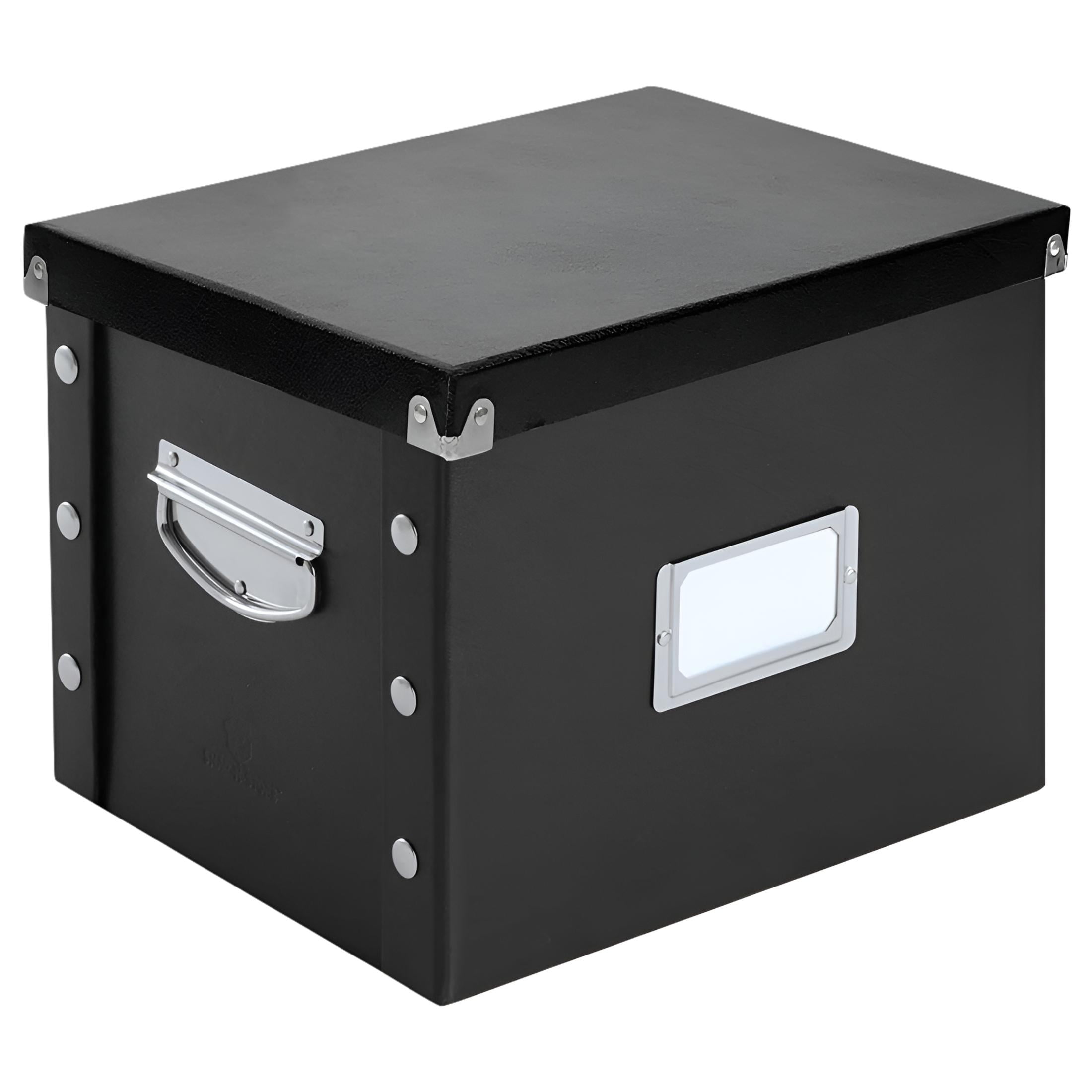 Black Heavy-Duty Fiberboard Desktop File Box with Chrome Accents