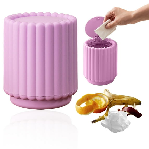 Collapsible Desktop Trash Can With Lid - Small Garbage Bin for Compact Tables Counters, Tiny Wastebasket for Kitchens Bathrooms Bedrooms Dorms (Purple)