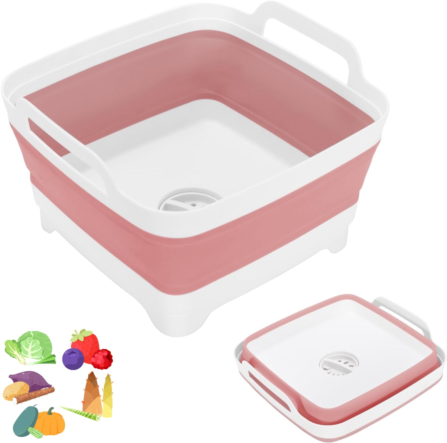 Collapsible Dish Basin, 2.4 Gallon Foldable Kitchen Sink with Drain Plug for Space-Saving Dish Washing, Vegetable & Baby Bottle Cleaning