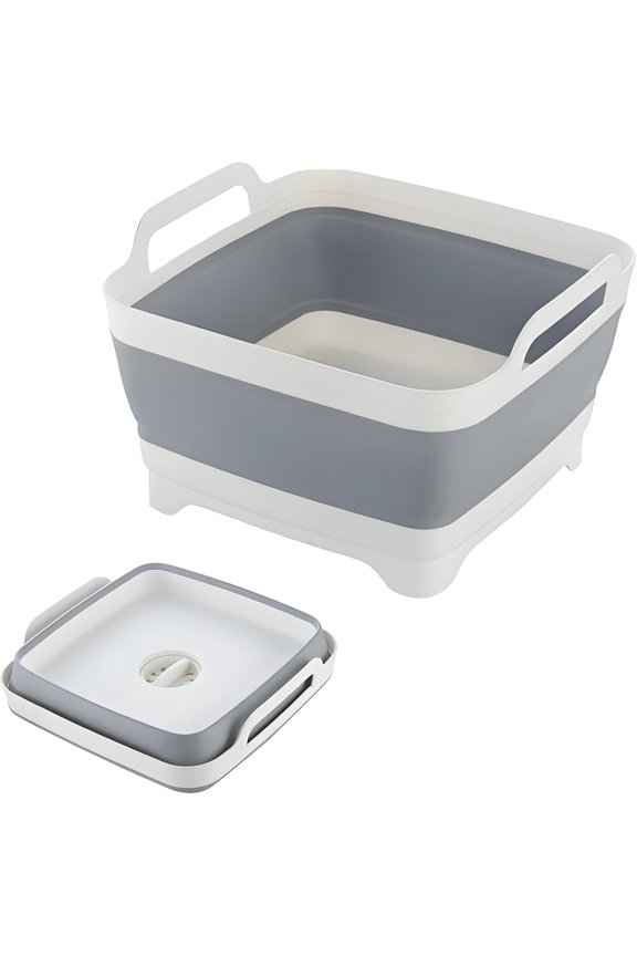 Collapsible Dish Basin, 9L/2.4Gal Portable Wash Basin with Drain Plug, Space Saving Foldable Bucket, Kitchen Sink for Camping, Vegetable Washing, RV