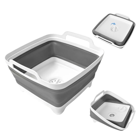 Collapsible Dish Basin 9L, Foldable Sink with Drain Plug, Portable Camping RV Kitchen Wash Tub Gray